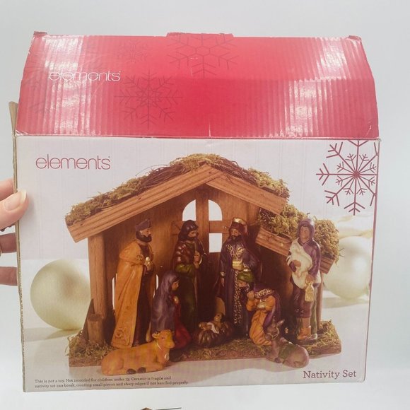 Elements Ceramic Dark Ethnic Nativity Set with Wooden Manger Figurines Set of 10 - Picture 8 of 12